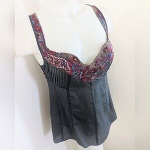 FREE PEOPLE Grey Silk Sleeveless Top With Embellished Neckline; Size XS
